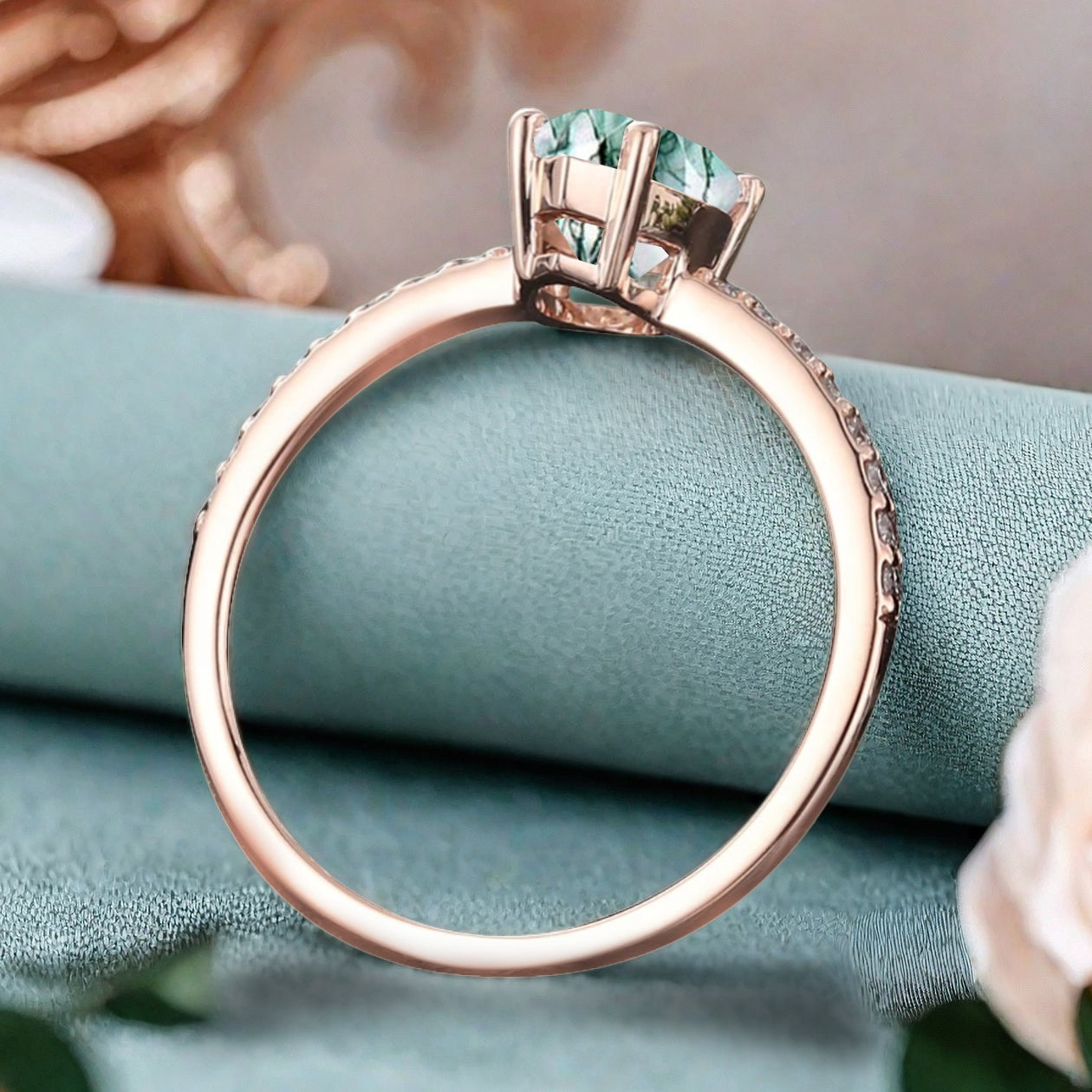 Unique Pear Cut Moss Agate Engagement Ring Vintage Green Agate Wedding Ring Delicate Green Moss Agate Ring Moissanite Cluster Ring For Women