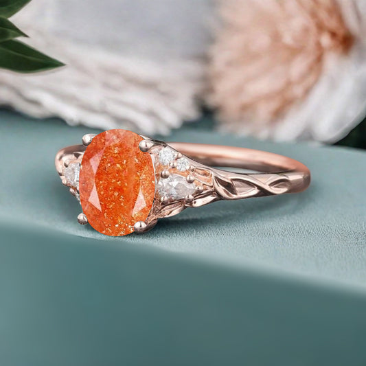 Vintage Oval Cut Sunstone Engagement Ring Unique Moissanite Wedding Ring Art Deco Rose Gold Ring Dainty Bridal Ring Anniversary Gift Ring