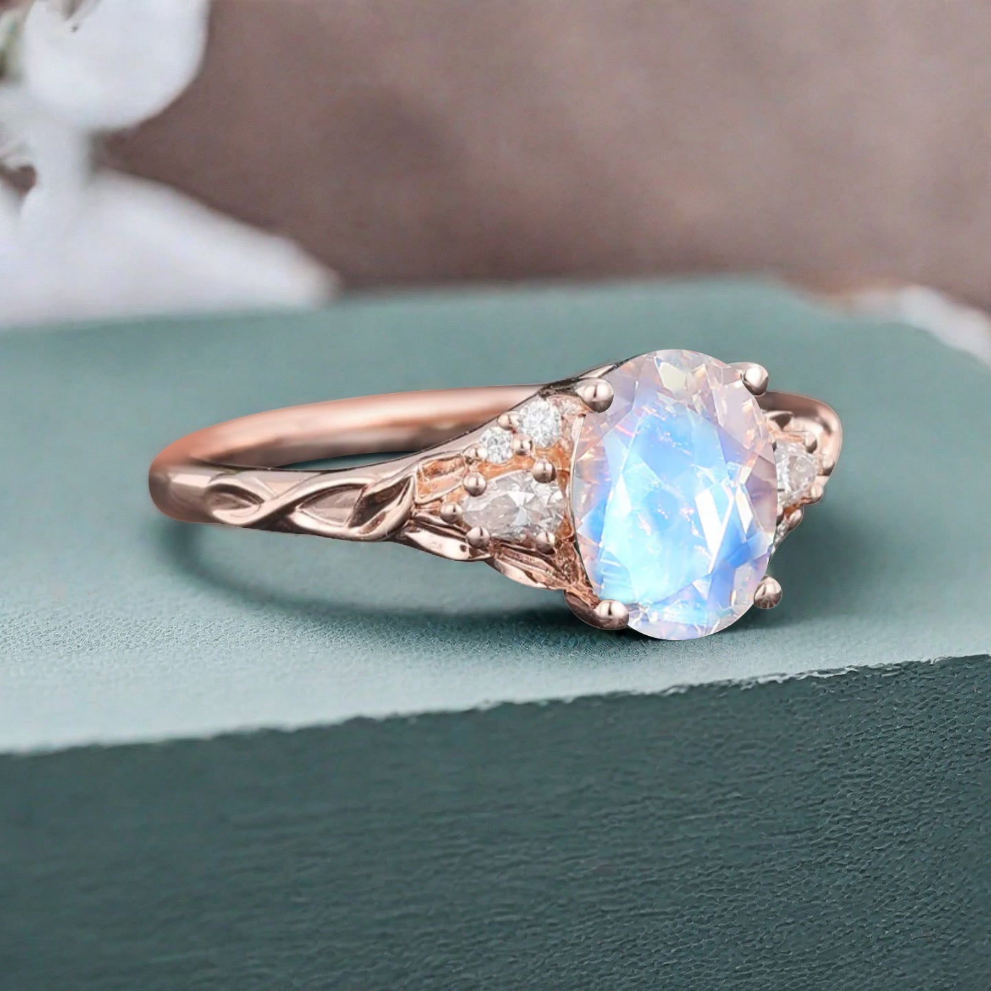 Vintage Oval Mondstein Verlobungsring Unikat Opal Moissanit Versprechensring