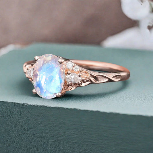 Vintage Oval Mondstein Verlobungsring Unikat Opal Moissanit Versprechensring