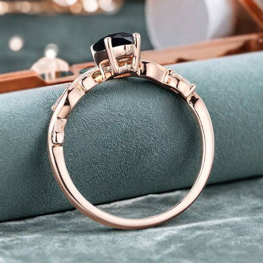 Marquise Black Onyx Engagement Ring Moissanite Cluster Promise Ring Rose Gold Art Deco Black Onyx Leaf Design Ring Anniversary Gift