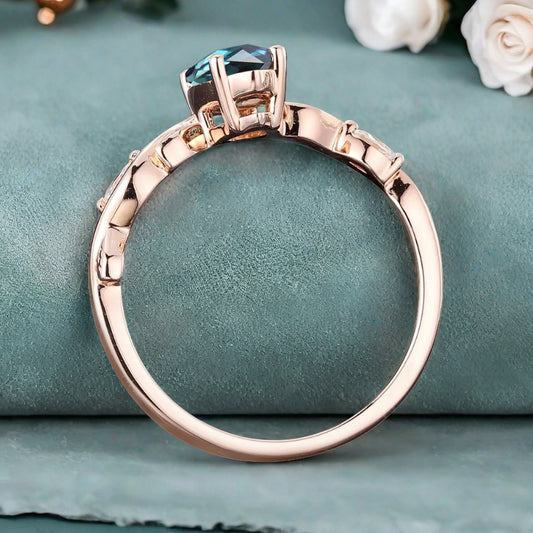 Marquise Alexandrite Engagement Ring Moissanite Cluster Promise Ring Rose Gold Art Deco Blue Alexandrite Leaf Design Ring Anniversary Gift