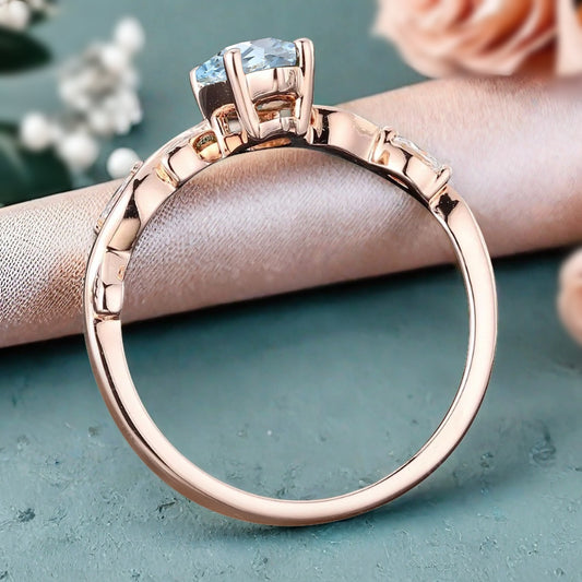 Marquise Aquamarine Engagement Ring Moissanite Cluster Promise Ring Rose Gold Art Deco Blue Aquamarine Leaf Design Ring Anniversary Gift