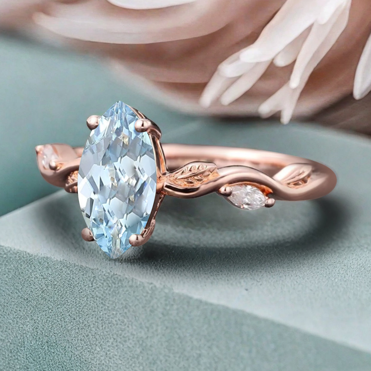 Marquise Aquamarine Engagement Ring Moissanite Cluster Promise Ring Rose Gold Art Deco Blue Aquamarine Leaf Design Ring Anniversary Gift