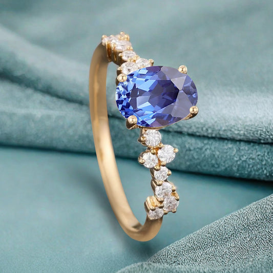 Unique Blue Topaz Ring 14K Solid Gold Vintage Oval Blue Topaz Engagement Ring Art Deco Moissanite Promise Ring Anniversary Gift For Women