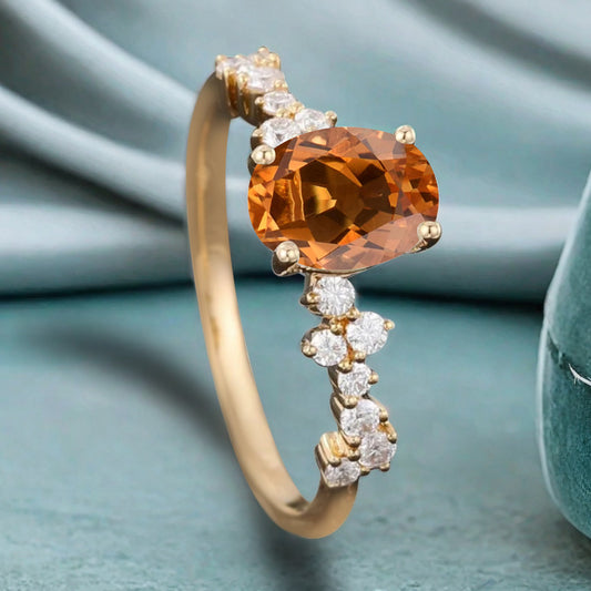 Unique Citrine Ring 14K Solid Gold Vintage Oval Orange Citrine Engagement Ring Art Deco Moissanite Promise Ring Anniversary Gift For Women