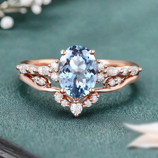 Oval Cut Blue Aquamarine Engagement Women Ring Vintage Aquamarine Rose Gold Art Deco Diamond Cluster Bridal Anniversary Wedding Ring Set