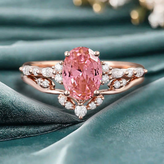 Oval Cut Pink Sapphire Engagement Women Ring Vintage Pink Sapphire Rose Gold Art Deco Diamond Cluster Bridal Anniversary Wedding Ring Set