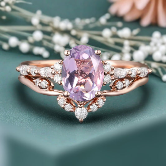Oval Cut Amethyst Engagement Women Ring Vintage Violet Amethyst Rose Gold Art Deco Diamond Cluster Bridal Anniversary Wedding Ring Set