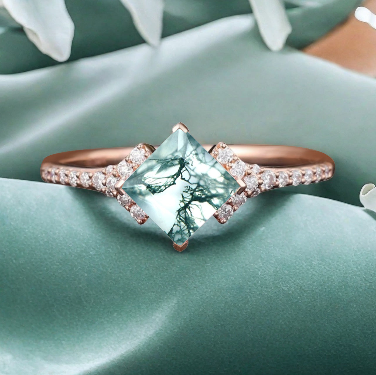 Princess Moss Agate Engagement Ring 14K Solid Gold Promise Ring Cluster Diamond Ring Unique Bridal Moissanite Promise Ring Gift For Her