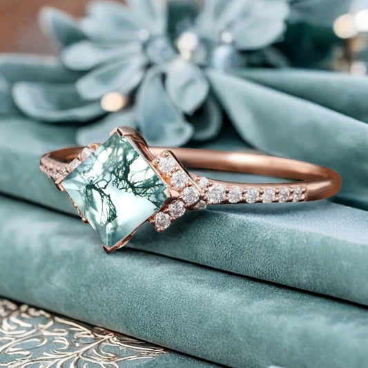 Princess Moss Agate Engagement Ring 14K Solid Gold Promise Ring Cluster Diamond Ring Unique Bridal Moissanite Promise Ring Gift For Her