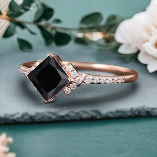 Princess Black Onyx Engagement Ring 14K Solid Gold Promise Ring Cluster Diamond Ring Unique Bridal Moissanite Promise Ring Gift For Her
