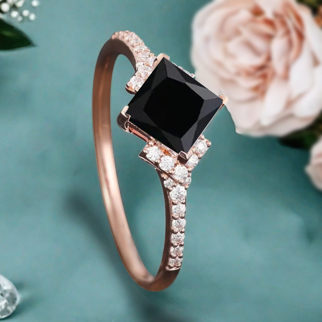 Princess Black Onyx Engagement Ring 14K Solid Gold Promise Ring Cluster Diamond Ring Unique Bridal Moissanite Promise Ring Gift For Her
