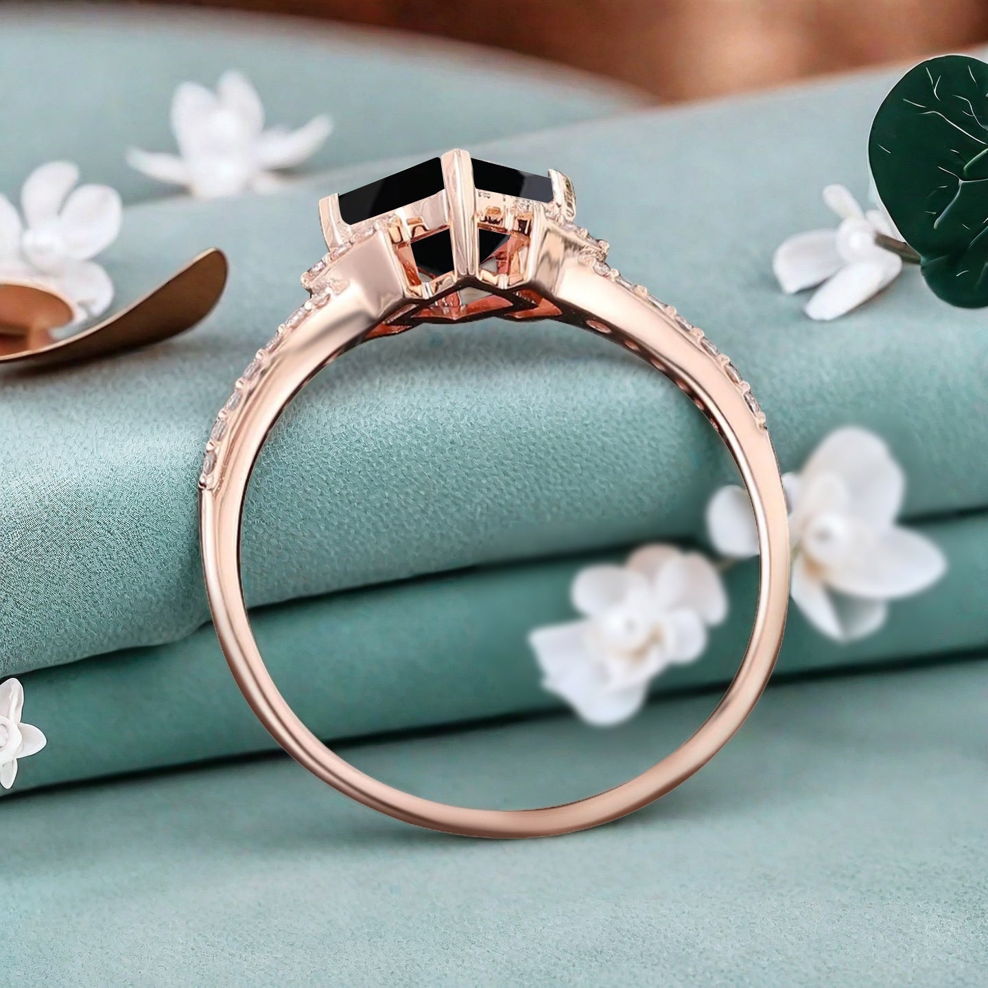 Princess Black Onyx Engagement Ring 14K Solid Gold Promise Ring Cluster Diamond Ring Unique Bridal Moissanite Promise Ring Gift For Her