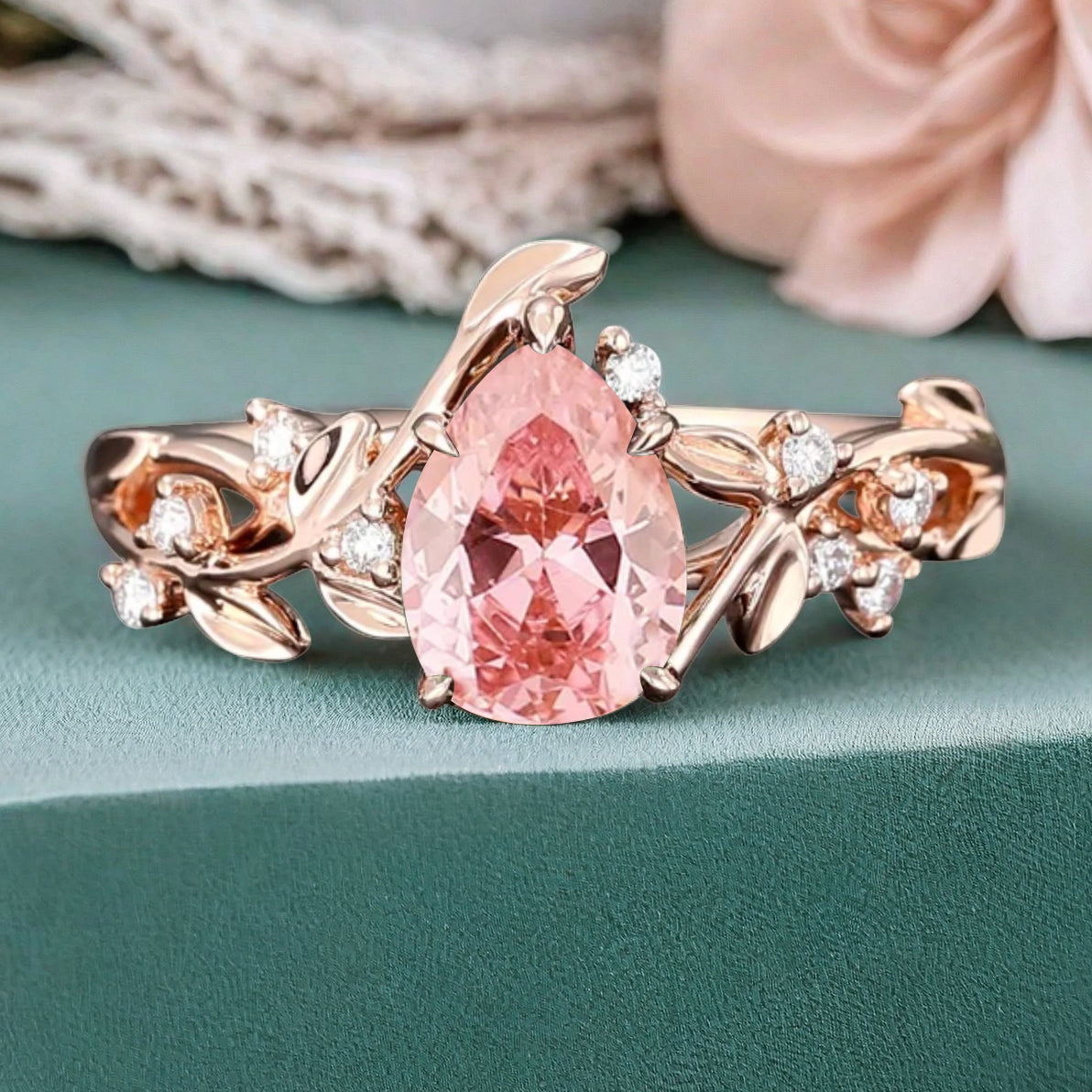 Unique Pear Cut Pink Sapphire Engagement Women Ring Vintage Rose Gold Art Deco Cluster Leaf Nature Inspired Bridal Wedding Ring