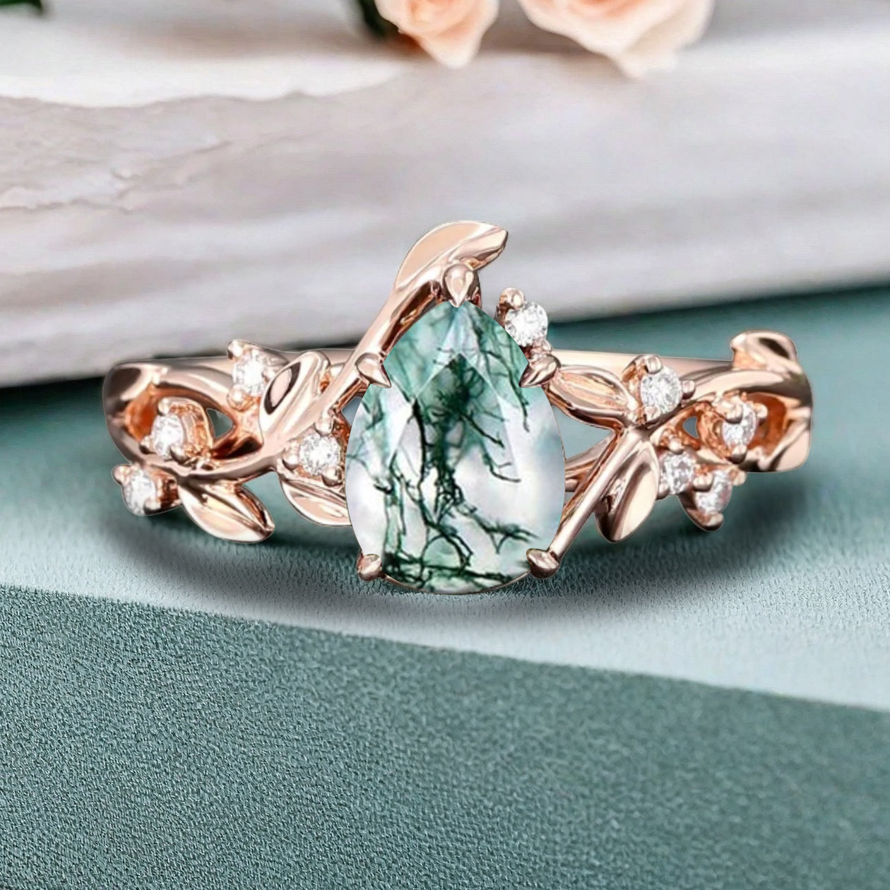 Unique Pear Cut Moss Agate Engagement Women Ring Vintage Rose Gold Art Deco Cluster Leaf Nature Inspired Bridal Wedding Ring