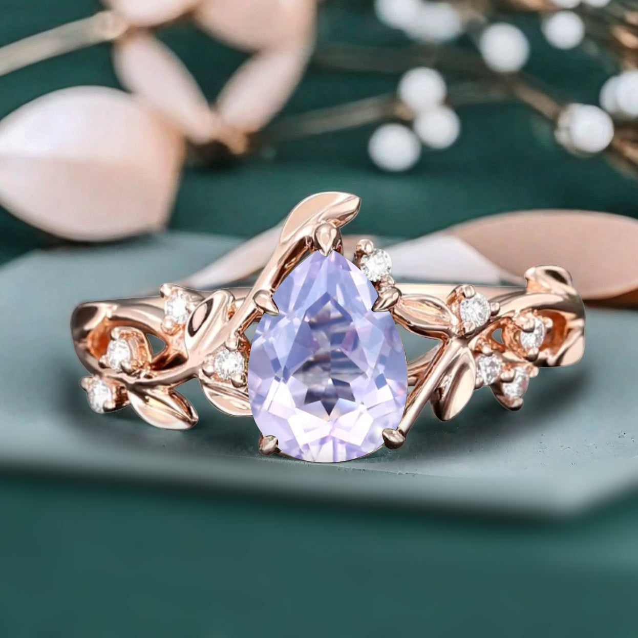 Unique Pear Cut Amethyst Engagement Women Ring Vintage Rose Gold Art Deco Cluster Leaf Nature Inspired Bridal Wedding Ring