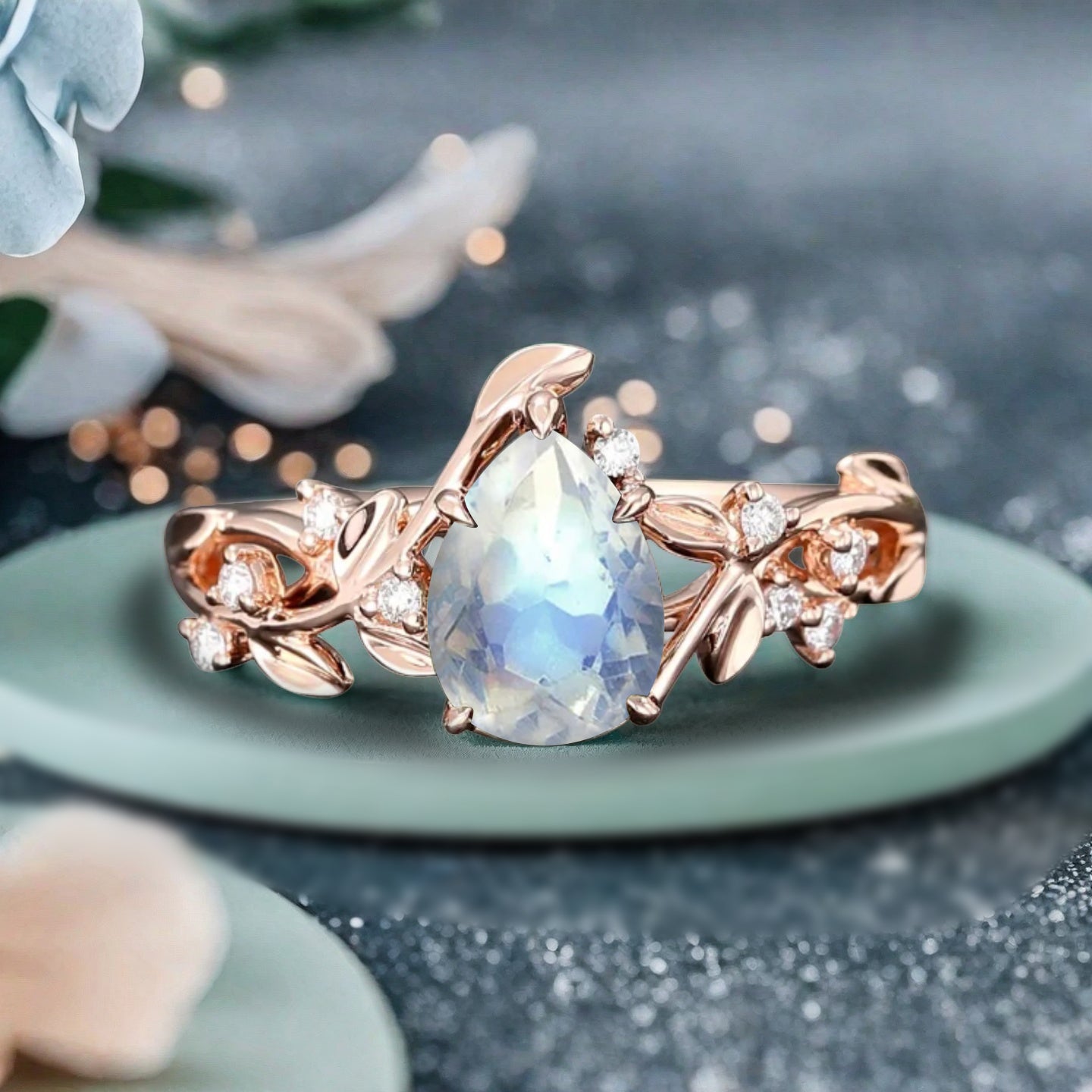 Unique Pear Cut Moonstone Engagement Women Ring Vintage Rose Gold Art Deco Cluster Leaf Nature Inspired Bridal Wedding Ring
