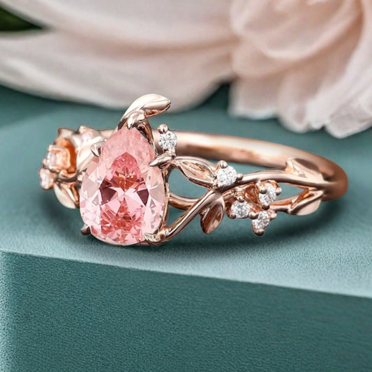 Unique Pear Cut Pink Sapphire Engagement Women Ring Vintage Rose Gold Art Deco Cluster Leaf Nature Inspired Bridal Wedding Ring