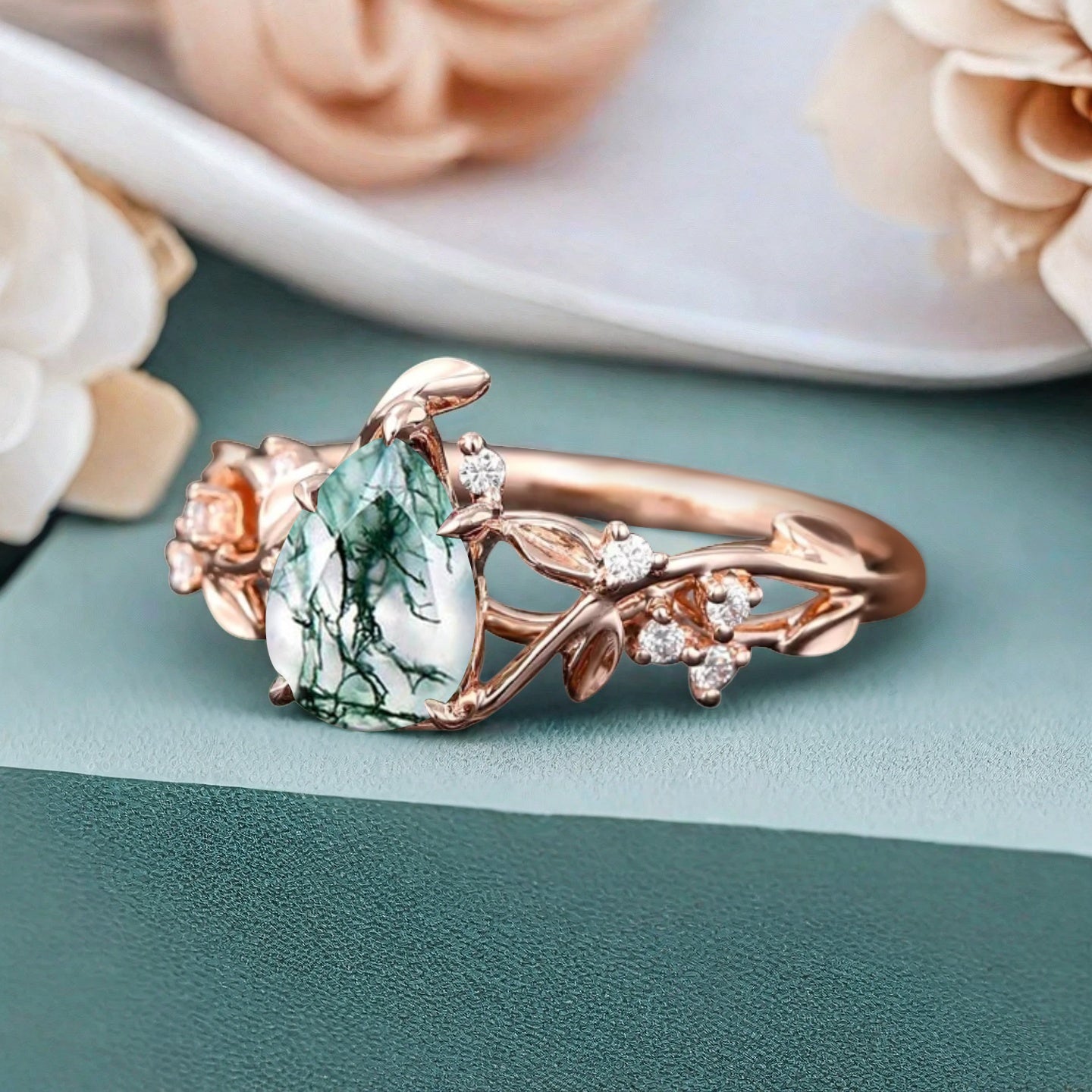 Unique Pear Cut Moss Agate Engagement Women Ring Vintage Rose Gold Art Deco Cluster Leaf Nature Inspired Bridal Wedding Ring