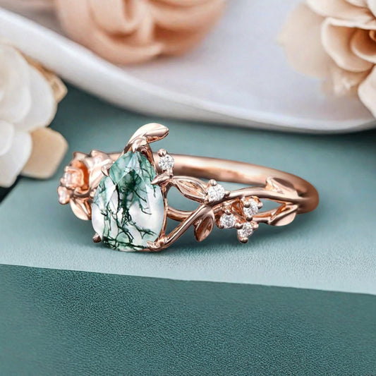 Unique Pear Cut Moss Agate Engagement Women Ring Vintage Rose Gold Art Deco Cluster Leaf Nature Inspired Bridal Wedding Ring