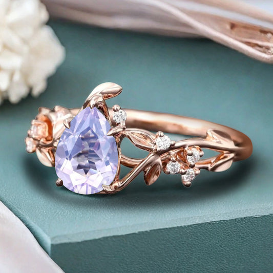 Unique Pear Cut Amethyst Engagement Women Ring Vintage Rose Gold Art Deco Cluster Leaf Nature Inspired Bridal Wedding Ring
