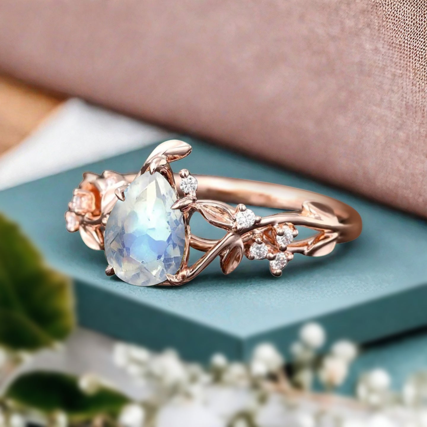 Unique Pear Cut Moonstone Engagement Women Ring Vintage Rose Gold Art Deco Cluster Leaf Nature Inspired Bridal Wedding Ring