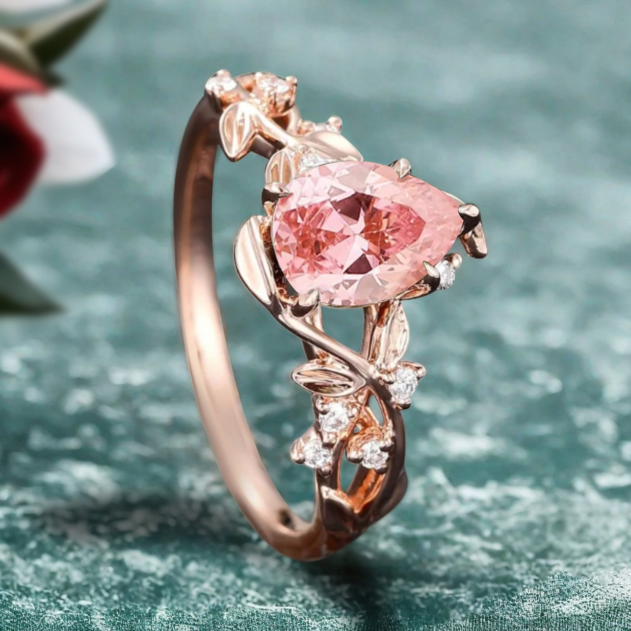 Unique Pear Cut Pink Sapphire Engagement Women Ring Vintage Rose Gold Art Deco Cluster Leaf Nature Inspired Bridal Wedding Ring