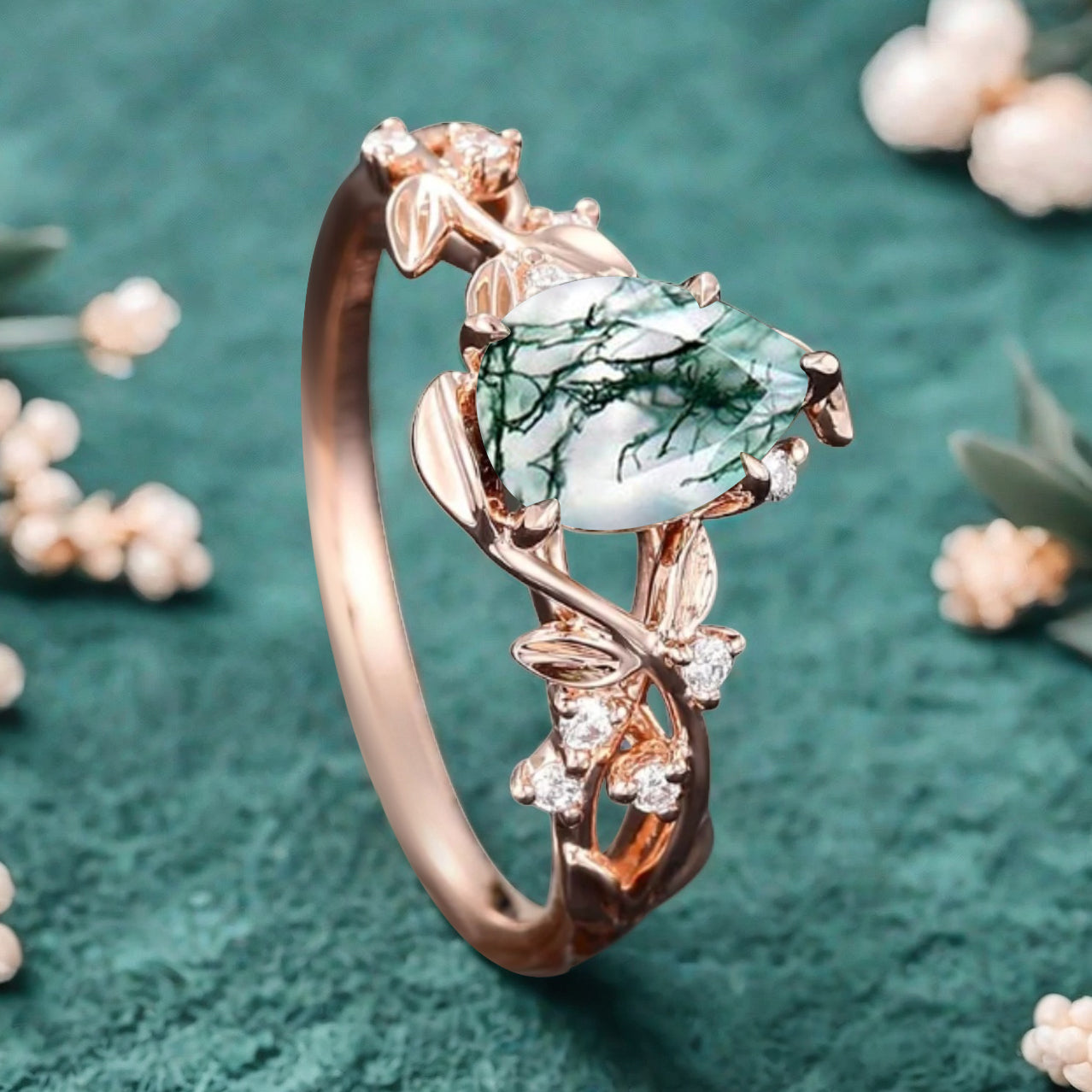 Unique Pear Cut Moss Agate Engagement Women Ring Vintage Rose Gold Art Deco Cluster Leaf Nature Inspired Bridal Wedding Ring