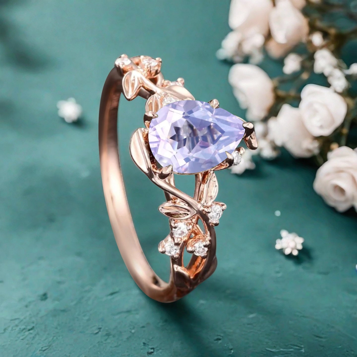 Unique Pear Cut Amethyst Engagement Women Ring Vintage Rose Gold Art Deco Cluster Leaf Nature Inspired Bridal Wedding Ring