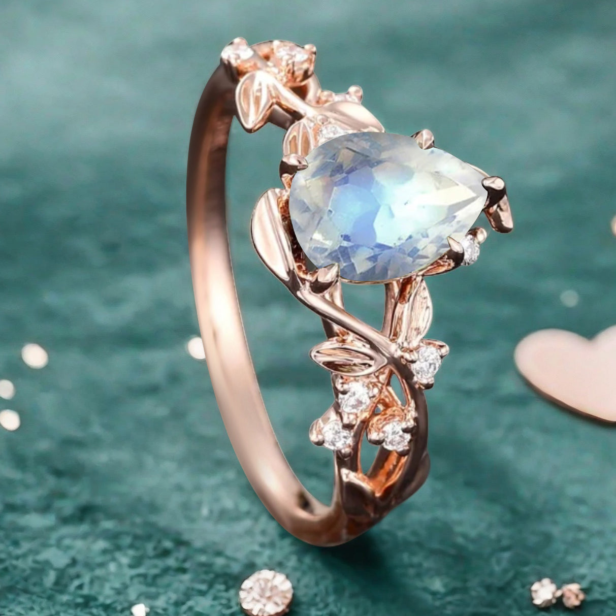 Unique Pear Cut Moonstone Engagement Women Ring Vintage Rose Gold Art Deco Cluster Leaf Nature Inspired Bridal Wedding Ring