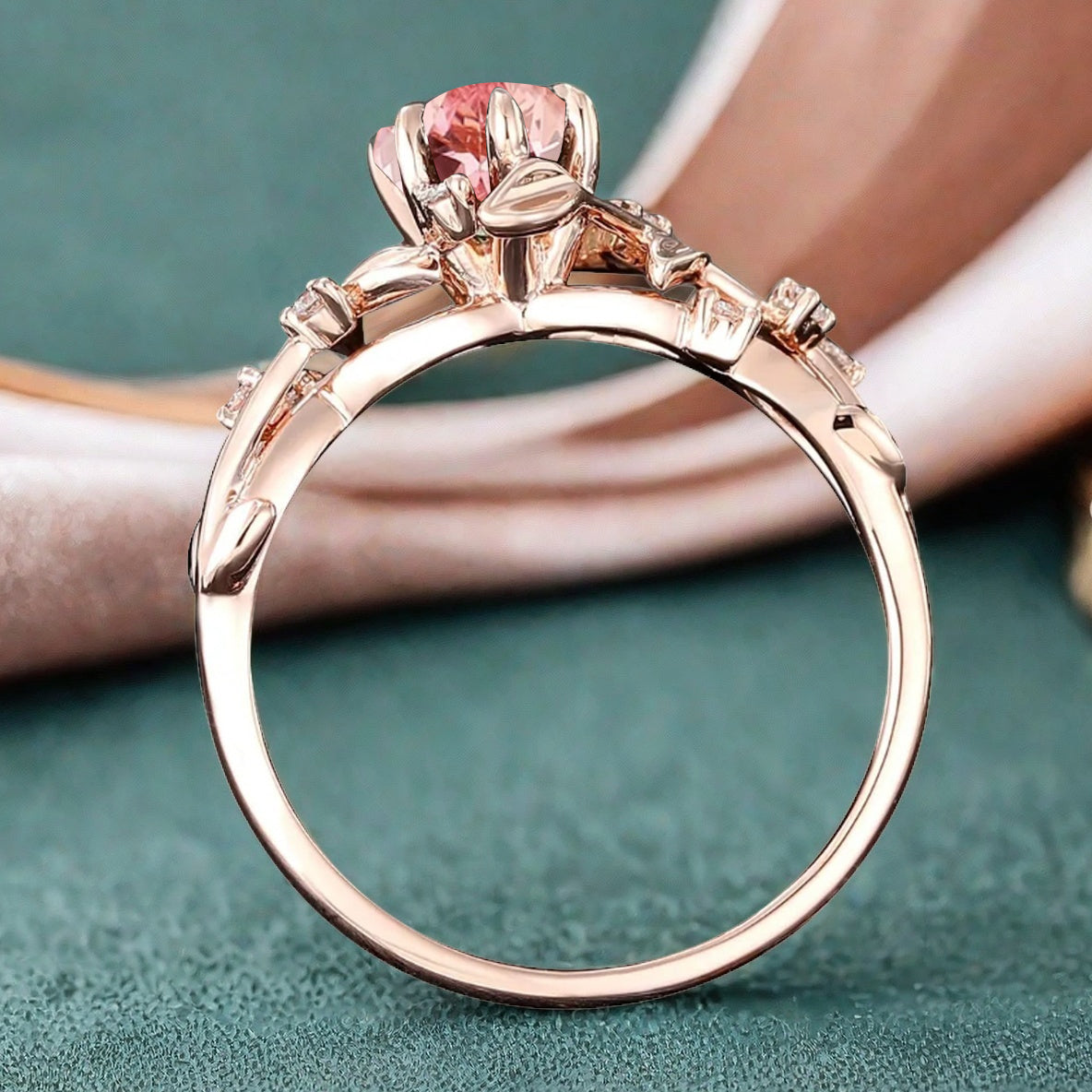 Unique Pear Cut Pink Sapphire Engagement Women Ring Vintage Rose Gold Art Deco Cluster Leaf Nature Inspired Bridal Wedding Ring