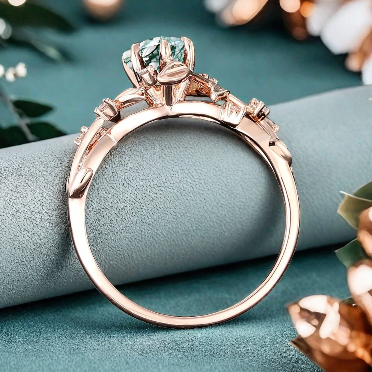 Unique Pear Cut Moss Agate Engagement Women Ring Vintage Rose Gold Art Deco Cluster Leaf Nature Inspired Bridal Wedding Ring