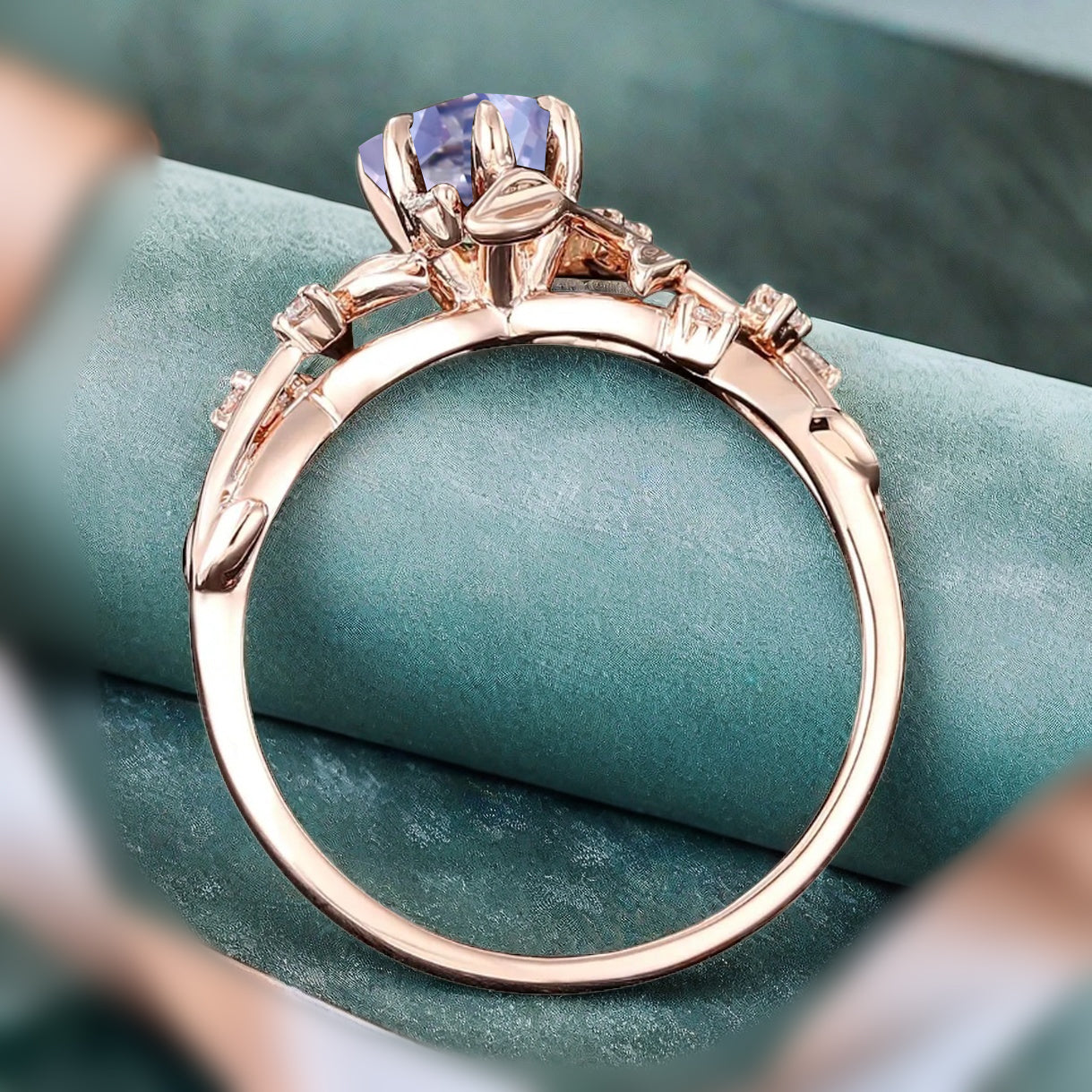 Unique Pear Cut Amethyst Engagement Women Ring Vintage Rose Gold Art Deco Cluster Leaf Nature Inspired Bridal Wedding Ring