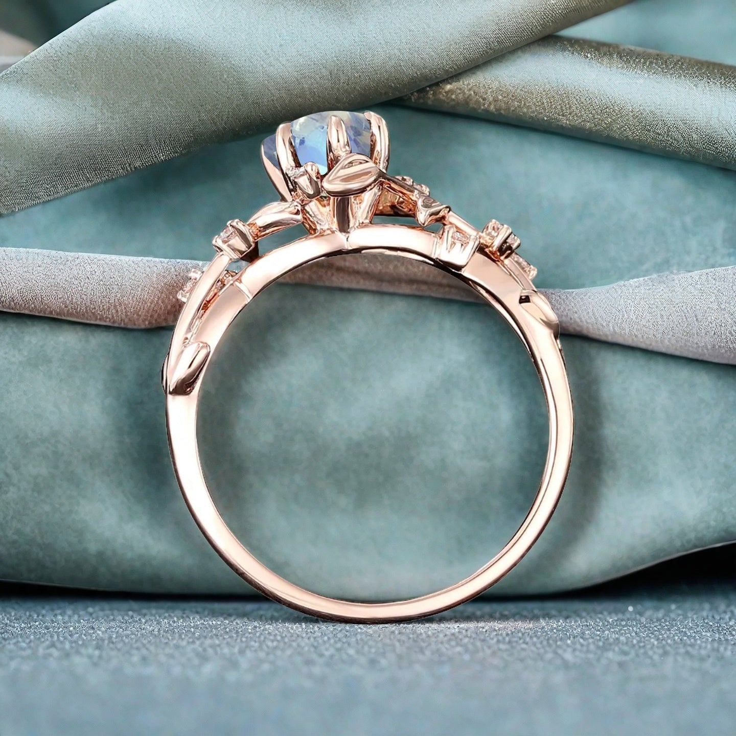Unique Pear Cut Moonstone Engagement Women Ring Vintage Rose Gold Art Deco Cluster Leaf Nature Inspired Bridal Wedding Ring