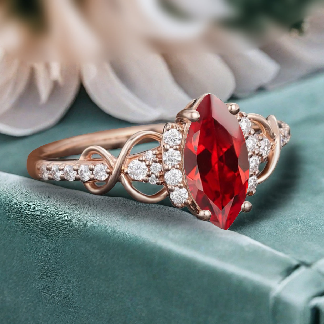 Art Deco Ruby Ring Unique Vintage Marquise Shape Scarlet Ruby Engagement Ring Wedding Promise Ring For Women Gemstone Bridal Ring