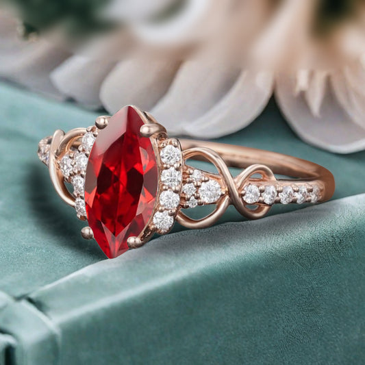 Art Deco Ruby Ring Unique Vintage Marquise Shape Scarlet Ruby Engagement Ring Wedding Promise Ring For Women Gemstone Bridal Ring