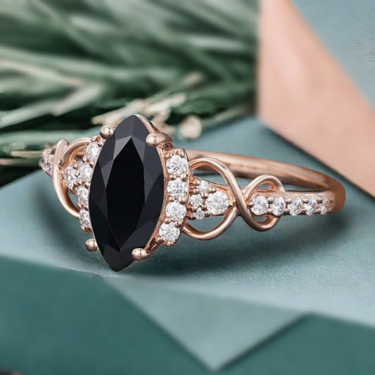 Art Deco Black Onyx Ring Unique Vintage Marquise Shape Black Onyx Engagement Ring Wedding Promise Ring For Women Gemstone Bridal Ring