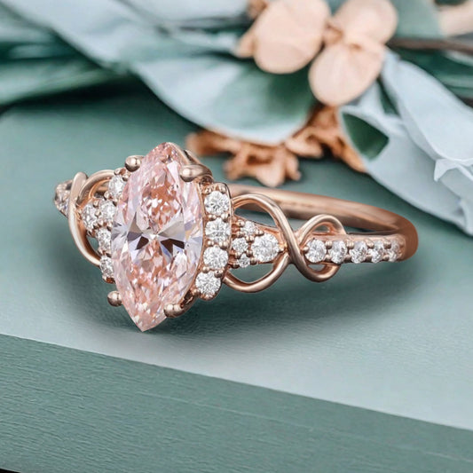 Art Deco Pink Sapphire Ring Unique Vintage Marquise Shape Pink Sapphire Engagement Ring Wedding Promise Ring For Women Gemstone Bridal Ring