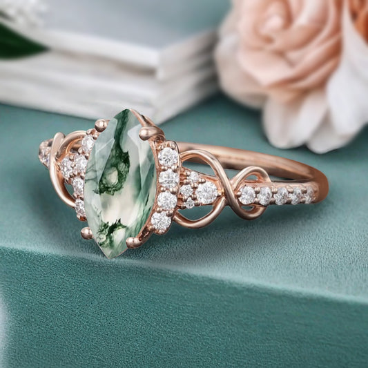 Art Deco Moss Agate Ring Unique Vintage Marquise Shape Green Moss Agate Engagement Ring Wedding Promise Ring For Women Gemstone Bridal Ring