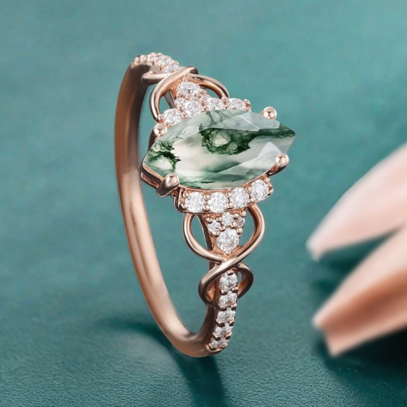 Art Deco Moss Agate Ring Unique Vintage Marquise Shape Green Moss Agate Engagement Ring Wedding Promise Ring For Women Gemstone Bridal Ring