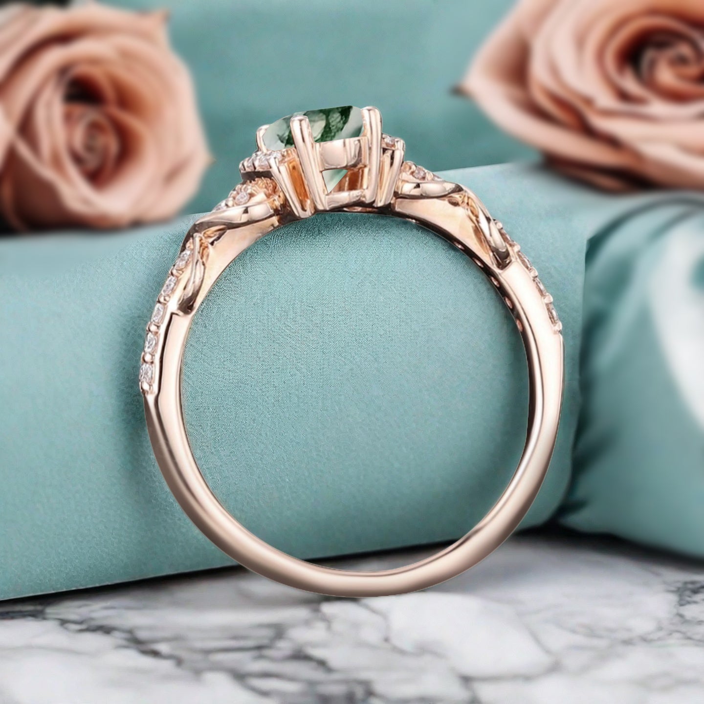 Art Deco Moss Agate Ring Unique Vintage Marquise Shape Green Moss Agate Engagement Ring Wedding Promise Ring For Women Gemstone Bridal Ring