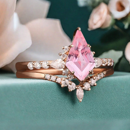 Unique Kite Cut Pink Sapphire Engagement Ring Set Vintage Solid Gold Diamond Ring Set Women Bridal Promise Wedding Ring Set Anniversary Gift