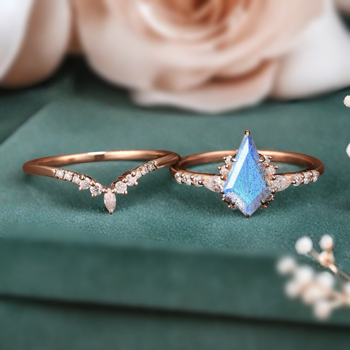 Unique Kite Cut Labradorite Engagement Ring Set Vintage Solid Gold Diamond Ring Set Women Bridal Promise Wedding Ring Set Anniversary Gift