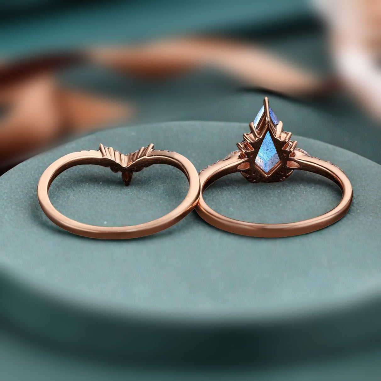 Unique Kite Cut Labradorite Engagement Ring Set Vintage Solid Gold Diamond Ring Set Women Bridal Promise Wedding Ring Set Anniversary Gift