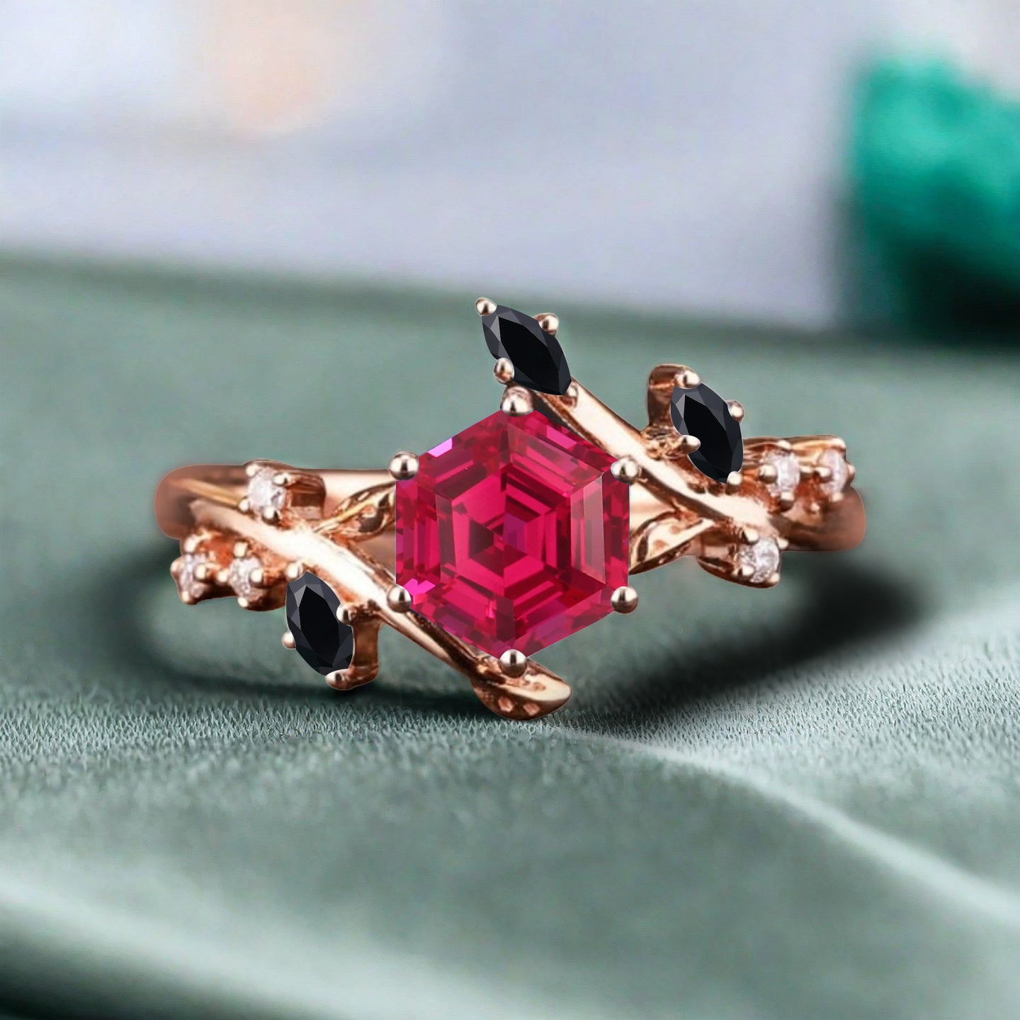 Hexagon Cut Red Ruby Engagement Ring Solid 14k Rose Gold Branch Leaf Twig Moissanite Ring Vintage Marquise Cut Natural Ring Women Jewelry