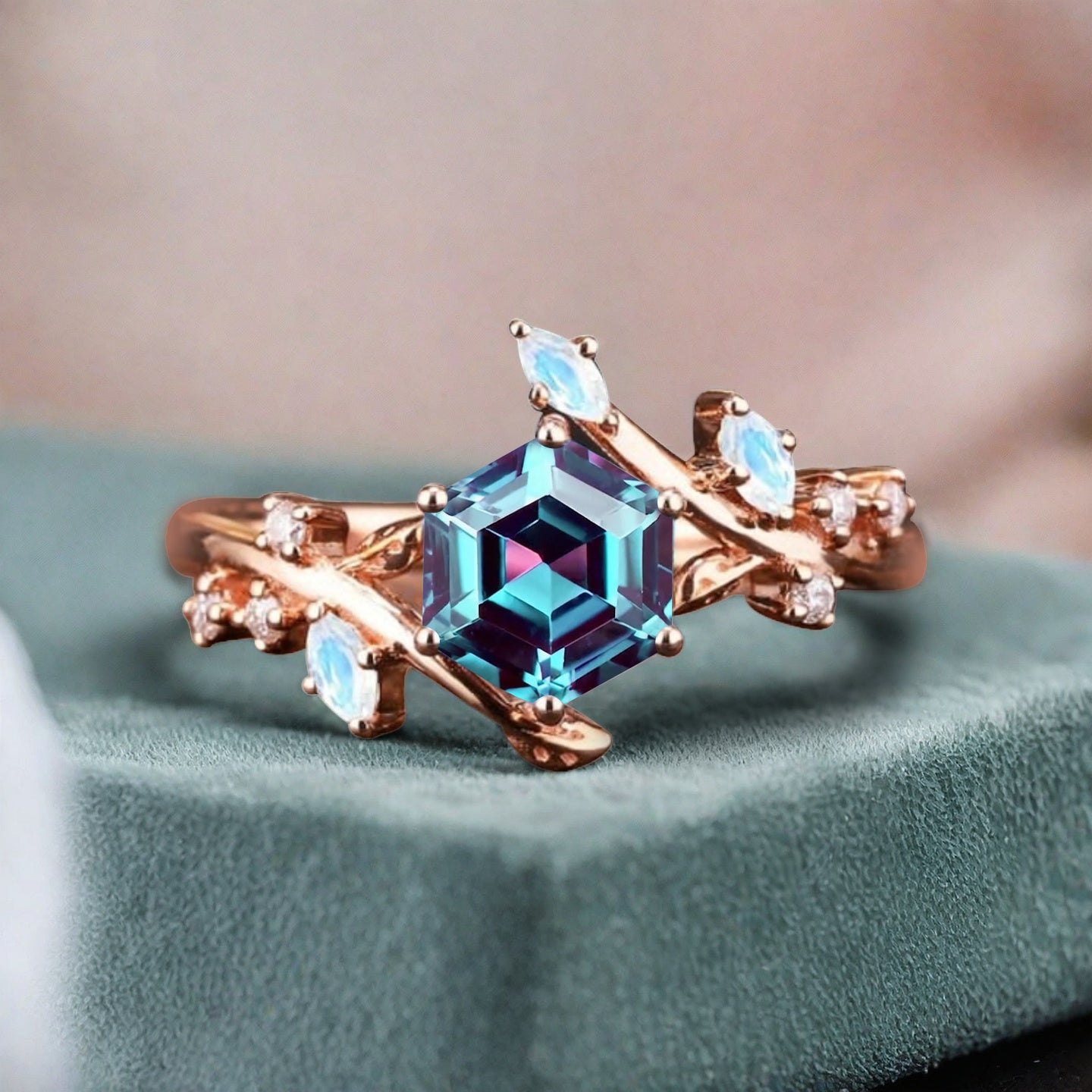 Hexagon Cut Blue Alexandrite Engagement Ring Solid 14k Rose Gold Branch Leaf Twig Moissanite Ring Vintage Marquise Cut Natural Ring Women Jewelry