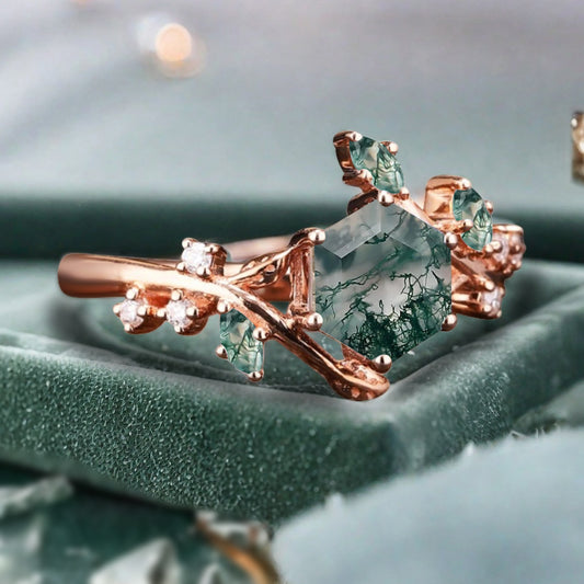 Hexagon Cut Green Moss Agate Engagement Ring Solid 14k Rose Gold Branch Leaf Twig Moissanite Ring Vintage Marquise Cut Natural Ring Women Jewelry