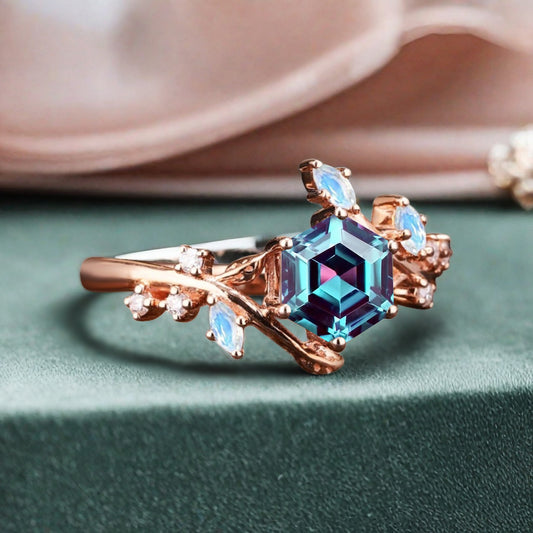 Hexagon Cut Blue Alexandrite Engagement Ring Solid 14k Rose Gold Branch Leaf Twig Moissanite Ring Vintage Marquise Cut Natural Ring Women Jewelry