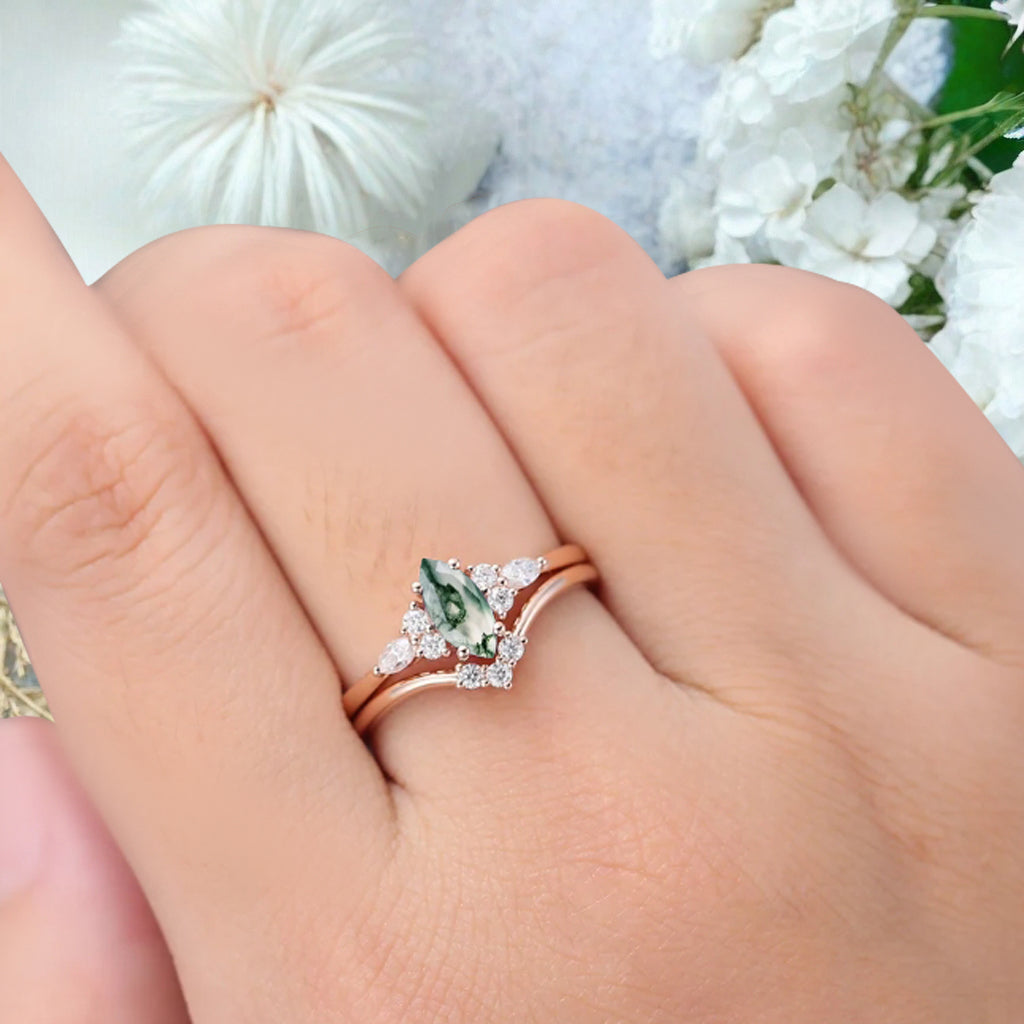 Unique Marquise Cut Moss Agate Wedding Ring Set 14K Solid Gold Ring Unique Green Agate Bridal Ring Set Art Deco Stackable Ring